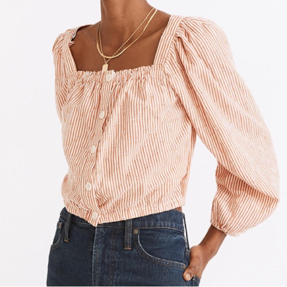 Madewell Puff-Sleeve Button-Front Crop Top in Embroidered Stripe Size M
